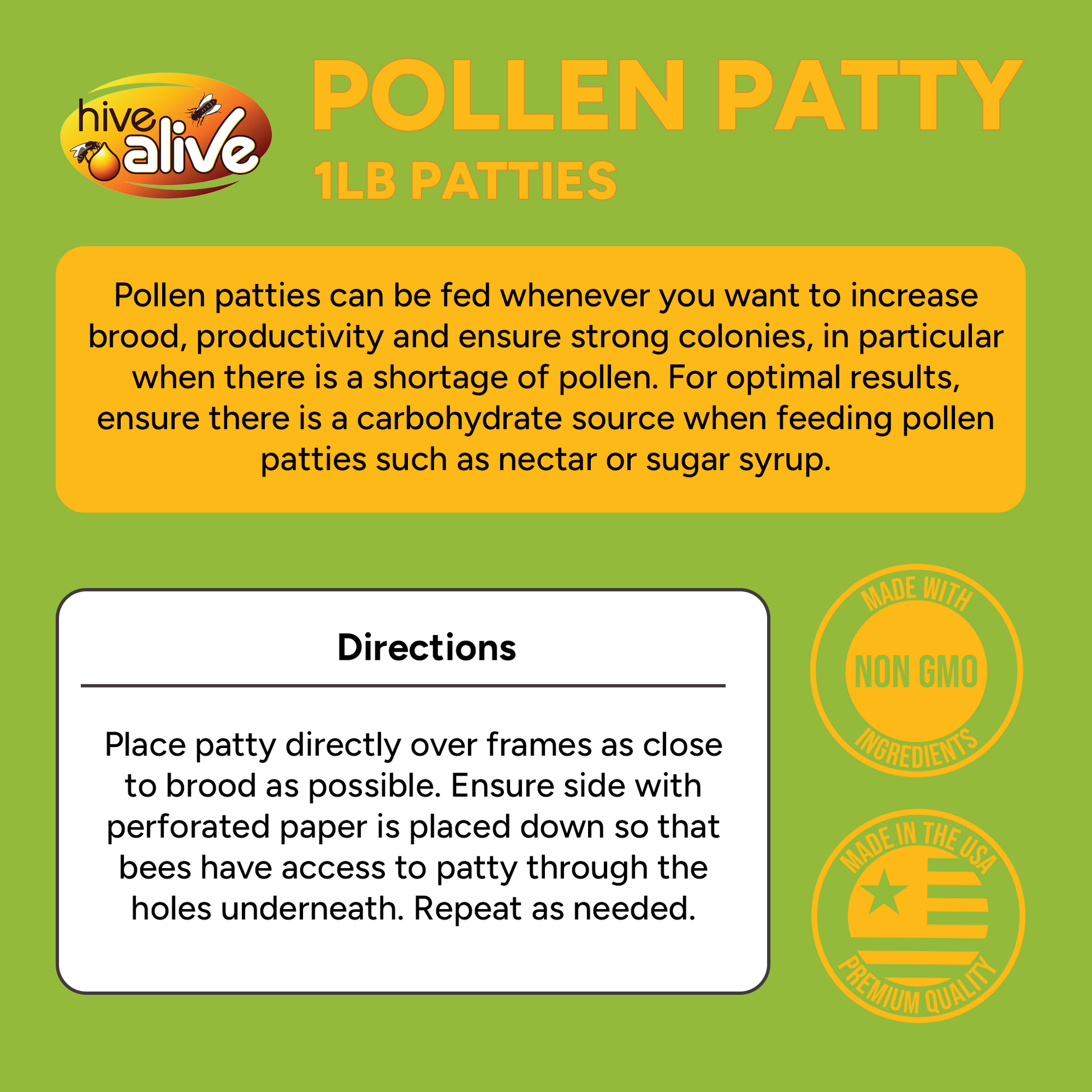 Hive Alive Pollen Patties (1 lb. patty, 10 lbs. or 40 lbs.) [HAP-1 / HAP-10 / HAP-40]